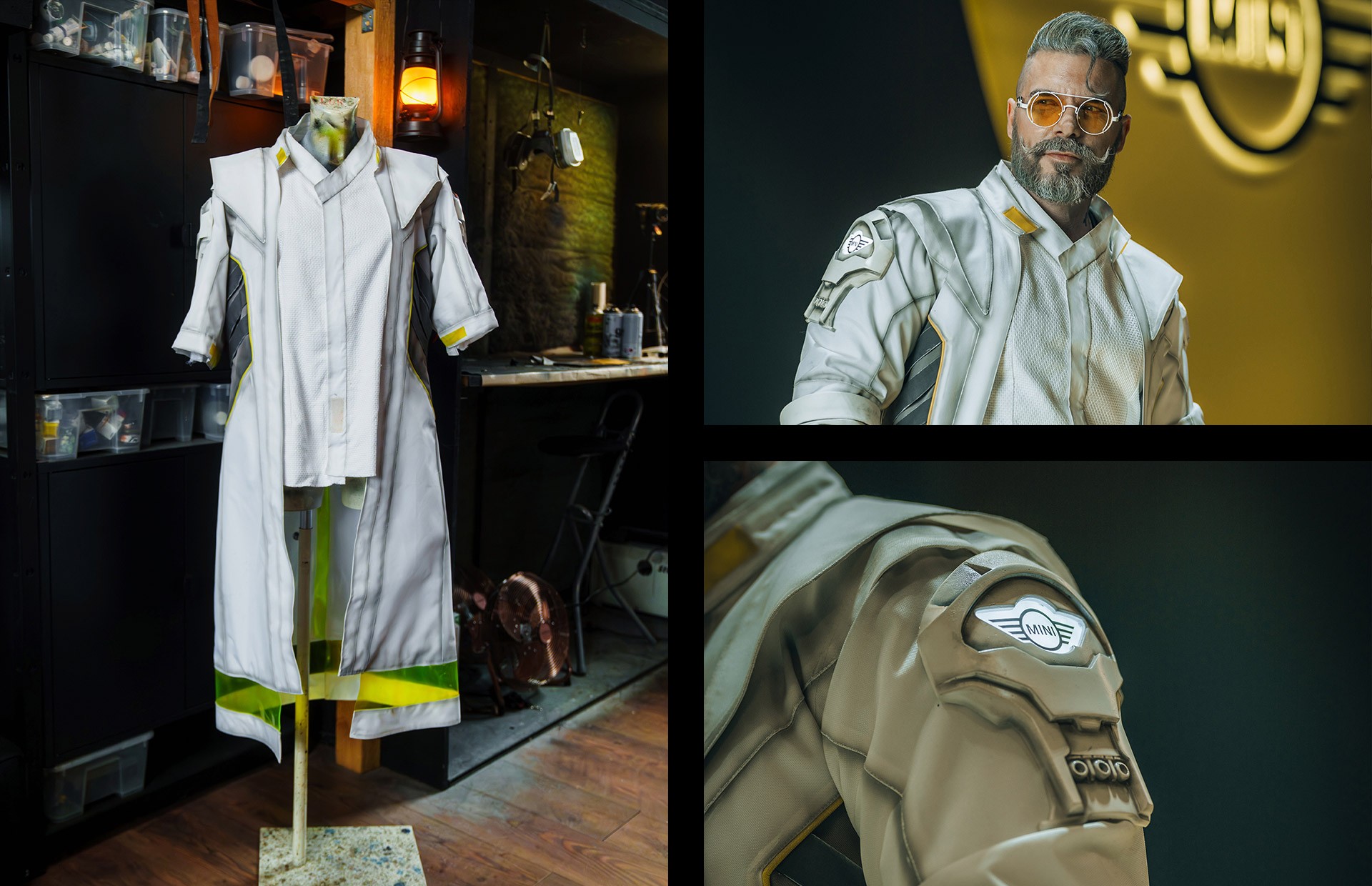 Collage of three images showing the costume of "Emmett The Scientist" as well as Maul Cosplay dressed as the character.